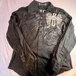 Victorious L Button Down Shirt Black Gothic Angel Wing Cross Studs Y2K MMA Elite